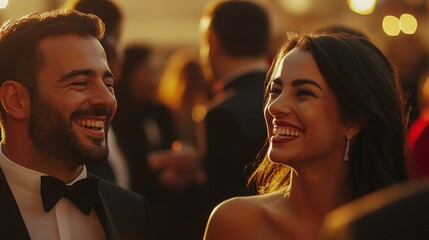 Smiling couple laughing at rooftop party