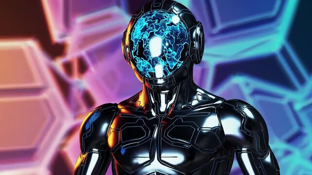 A high-tech humanoid robot with a glowing blue digital face, set against a neon-lit futuristic background. Ideal for AI, technology, and sci-fi themes.