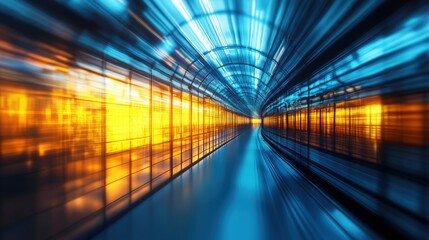 Futuristic stock market tunnel with digital numbers, charts, glowing lights, and motion blur effects