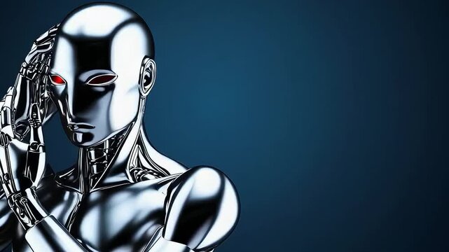 A high-tech, futuristic humanoid robot with a sleek metallic finish and glowing red eyes, set against a dark blue background, evoking an AI-driven sci-fi aesthetic.