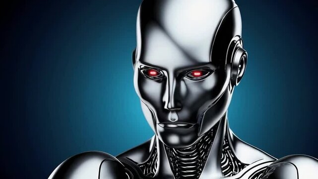 A high-tech, futuristic humanoid robot with a sleek metallic finish and glowing red eyes, set against a dark blue background, evoking an AI-driven sci-fi aesthetic.