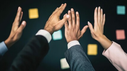 A group of diverse professionals celebrating success with high-fives in a vibrant meeting room, joyful and uplifting tone,