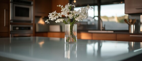 Vase of white flowers on a kitchen countertop. the vase is made of clear glass and is filled with water. the flowers are in full bloom and appear to be a type of orchid.