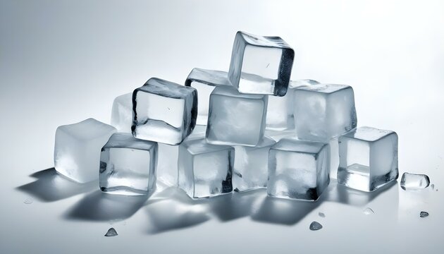 Un mont&oacute;n de cubitos de hielo, algunos rotos, con un fondo blanco