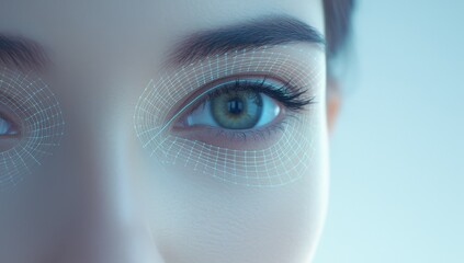 Close-up woman's eyes with digital facial scan overlay