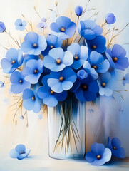 Vibrant blue flowers in a glass vase on a soft pastel background