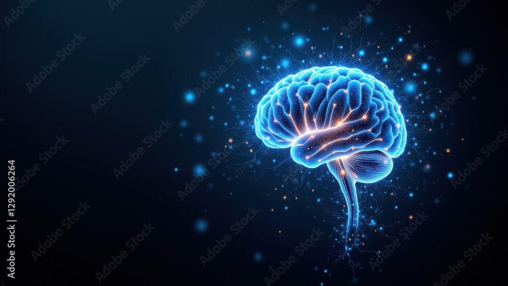 Poster an animated graphic of a brain with elements of artificial intelligence in blue.