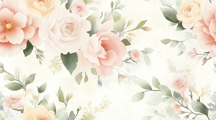 Delicate floral background with soft pink and cream roses and gentle leaves