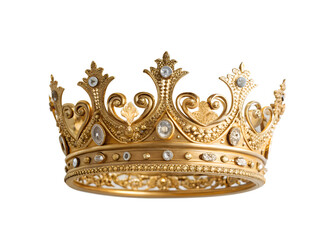 Regal and elegant golden crown hangs on white, majestic golden crown decoration, Cut Out