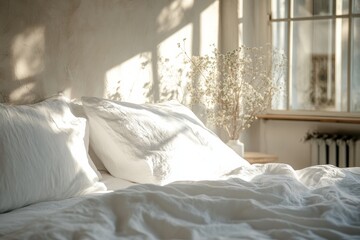 Perfectly Made Bed with Crisp White Linens in a Cozy Bedroom, serene and cozy atmosphere in a peaceful bedroom, concept bedroom design, home comfort, and interior decor