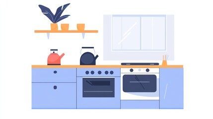 Modern kitchen interior design, appliances, window, plants, cooking