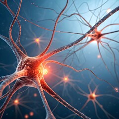 highly detailed neuron network with glowing synapses, emphasizing brain function, neural impulses, synaptic transmission, and the complexity of the human nervous system