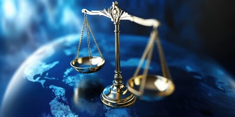 Scales of justice symbolizing fairness on a global scale with a blurred world map backdrop emphasizing international law and equity