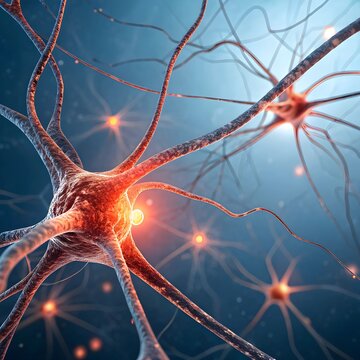 highly detailed neuron network with glowing synapses, emphasizing brain function, neural impulses, synaptic transmission, and the complexity of the human nervous system