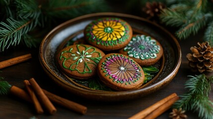 Festive decorated gingerbread cookies on a plate, surrounded by pine branches and cinnamon sticks on a wooden table