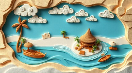 Naklejka premium Discover a serene island paradise with vibrant waters and charming wooden structures inviting adventure and relaxation