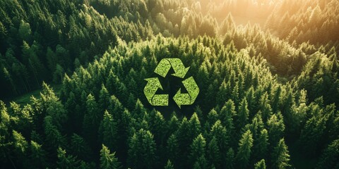 Recycling symbol over dense green forest landscape during sunset promoting environmental awareness and sustainability efforts in nature conservation