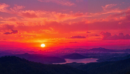 Vibrant sunset over mountains reflecting on serene lake, natural beauty