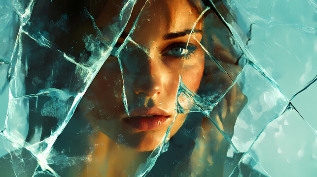 A woman's reflection in shattered glass contrasts reality and perception, embodying vulnerability and strength. Shattered Glass Reality. Illustration