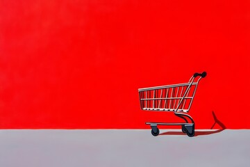 Empty Shopping Cart on Red Background - A small empty shopping cart sits on a grey surface against a vibrant red background. Perfect for online shopping, retail, or consumerism concepts