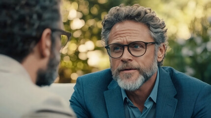 Two businessmen are having a serious conversation outdoors, potentially discussing important matters related to their work