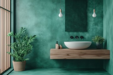 Lush Nature-Inspired Bathroom Drenched in Emerald Green Hues. Color drenching trend