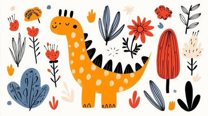 Cheerful Dinosaur Surrounded by Colorful Flowers and Plants