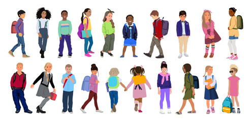 Set of different Kids standing, walking, running to school. Multiracial group of children in modern casual clothes. Elementary, middle school pupils cartoon characters. Vector realistic illustrations.