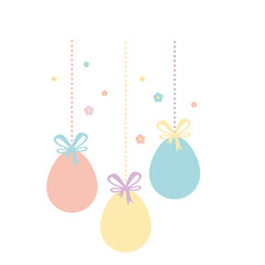 Hanging colorful painted Easter eggs with a bow and flowers. spring easter poster, card and easter sale template