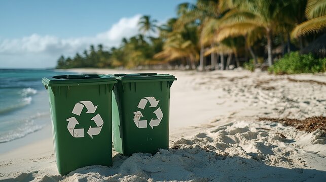 Green recycling bins on a beach with palm trees and an island resort in the background, promoting eco-friendly practices
