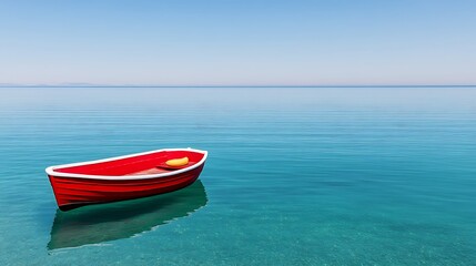 Naklejka premium Red Rowboat on Calm Turquoise Water, Peaceful Seascape