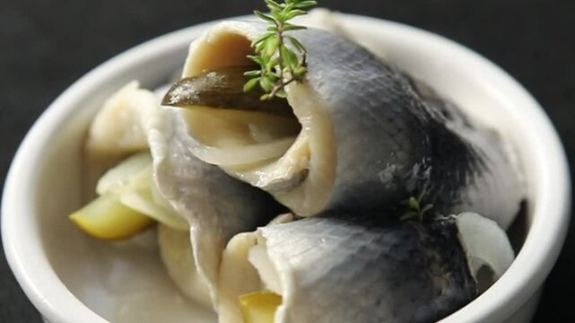 Rollmops herring roll with onion and pickles appetizer fresh tasty food dish delicious gourmet food background on the table rustic food top view copy space vegetarian food pescetarian diet