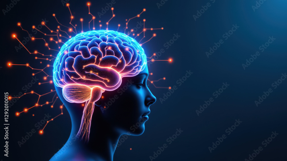 Poster an artistic representation of a human brain with neural pathways highlighted by glowing dots against