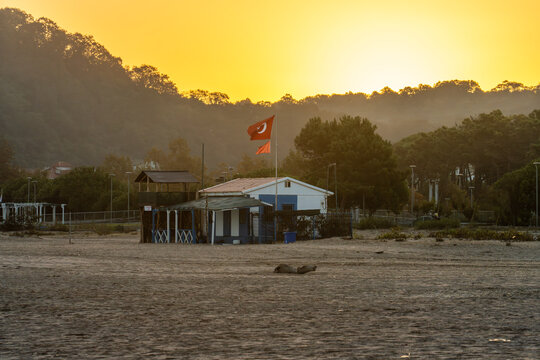 Ağva Merkez beach shed at sunrise with beautiful golden light, Black Sea, Turkey.