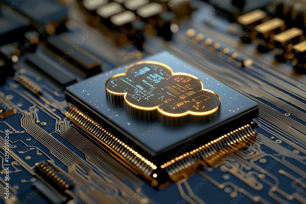 Poster a blue circuit board with a cloud symbol and connection links embodies the concept of cloud computin