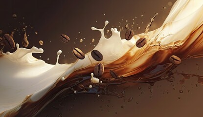 Coffee and milk splash with coffee beans, dark background