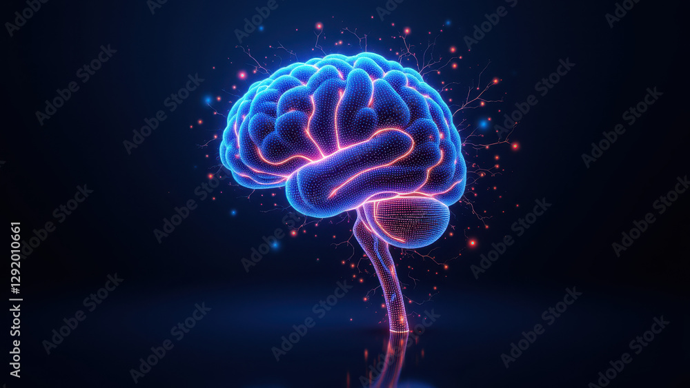 Poster an artistic representation of artificial general intelligence with a glowing brain at the center emi