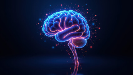 An artistic representation of artificial general intelligence with a glowing brain at the center emitting light energy.