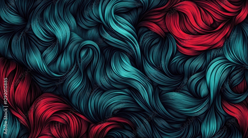 Poster abstract colorful wave patterns in deep blue, teal, and red, creating a dynamic visual texture