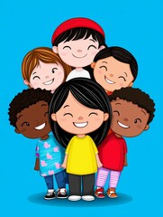 Happy Diverse Children Together - A group of smiling children of different ethnicities stand close together, symbolizing unity and friendship