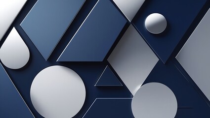 A sophisticated background with overlapping geometric shapes like triangles, hexagons, and circles in deep blue, silver, and white. The sharp lines convey precision and modern professionalism.