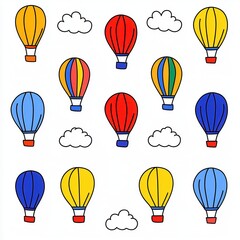 Naklejka premium Colorful Hand-Drawn Hot Air Balloons with Whimsical Clouds Pattern
