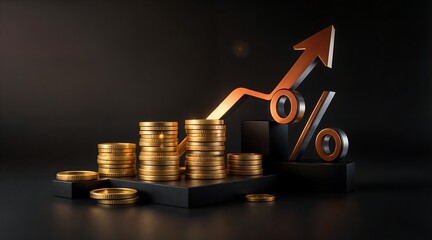 Stacks of gold coins with upward arrow and percent sign. Finance, investment, and growth.