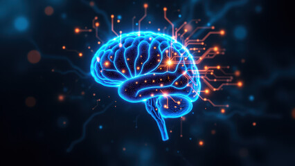 Brain with digital and AI elements integrated into its structure.