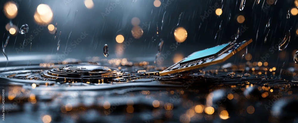 Poster the image of a futuristic server, represented by a circuit board, showcases code processing on a vib