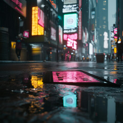 Cyberpunk Cityscape at Night with Neon Lights and Wet Streets