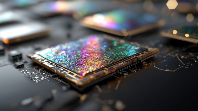 The background of technology is represented by a CPU circuit on a large wafer, showcasing an advanced concept visualization of an AI processor and digital data transmission process in 3D rendering
