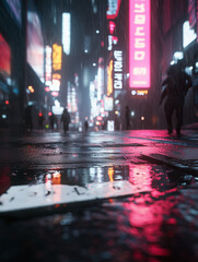 Cyberpunk Cityscape at Night with Neon Lights and Wet Streets