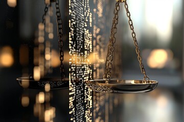 A digital background features a pixelated Scales icon symbolizing the law concept, accompanied by empty copyspace for cards, text, or advertisements