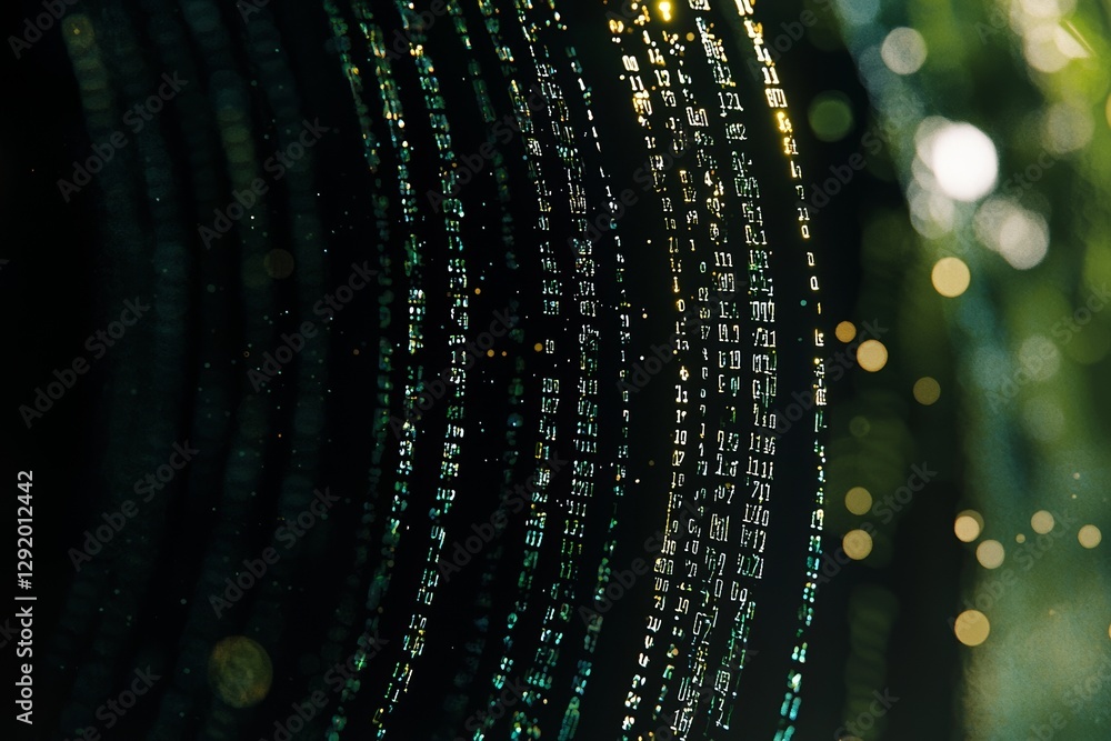 Poster The screen of a laptop computer showcases binary code data bits, a matrix of data in motion, as the big data AI age emerges with rapid stock data transfers, illustrating a digital concept illuminated